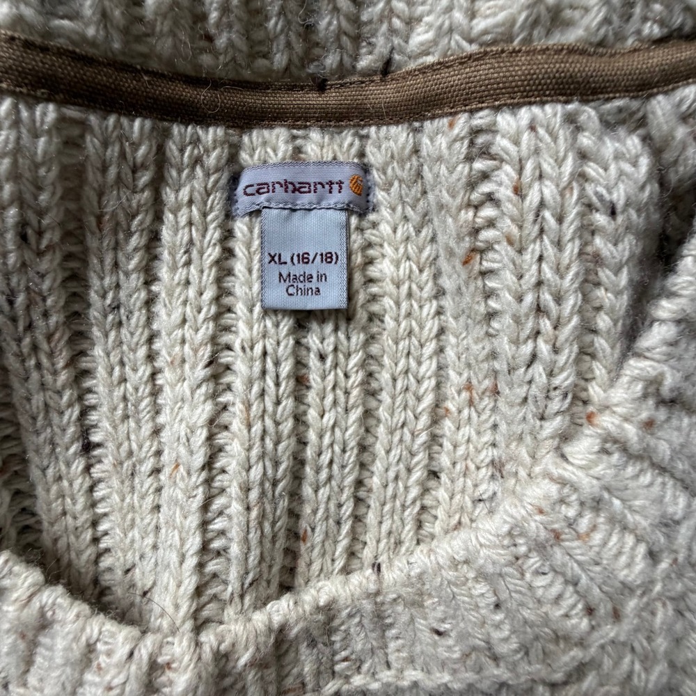 Carhartt Oatmeal Cable Knit Sweater Elbow Patches Women's XL Cabincore Gorpcore - Picture 3 of 12